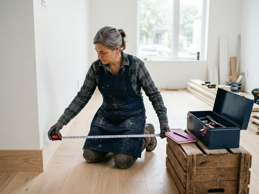 Artisan mesurant avec précision un parquet pour une rénovation de maison sereine.