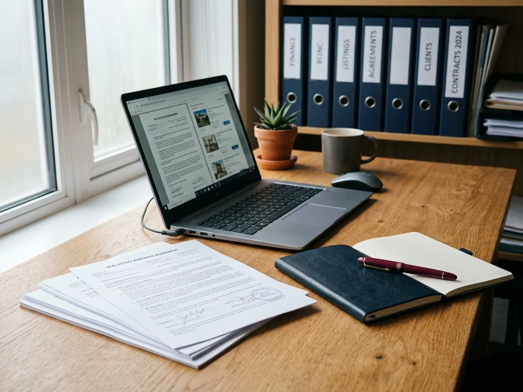 Documents contractuels et ordinateur sur un bureau en bois pour la conformité légale.