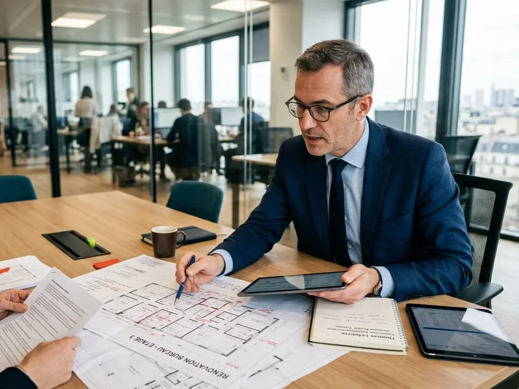 Portrait de Thomas Rossi, conseiller expert en immobilier, analysant un projet de travaux en bureau.