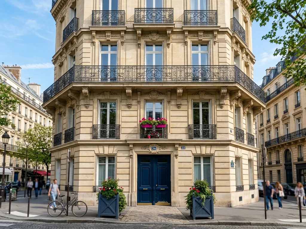 Façade d'immeuble parisien élégante illustrant le professionnalisme pour la prise de contact immobilier.