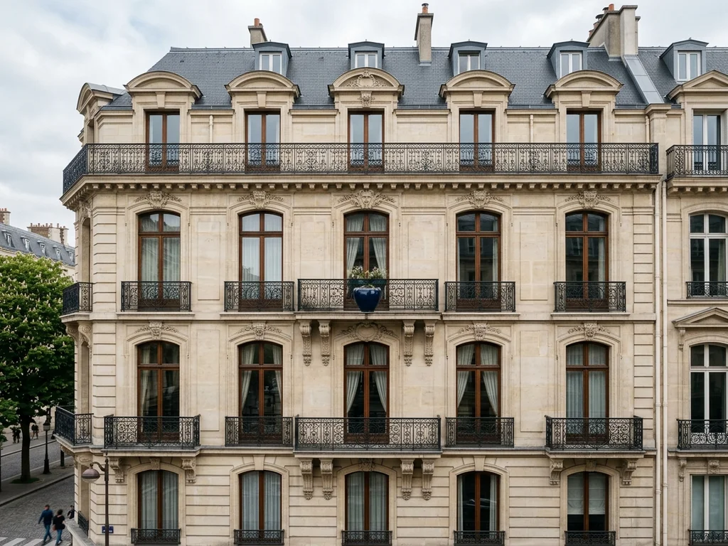 Façade haussmannienne aux balcons en fer forgé symbolisant la stabilité et l'expertise immobilière.