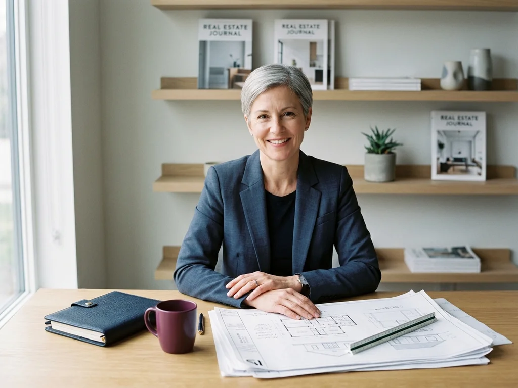 Portrait d'Isabelle Chevallier travaillant sur des analyses immobilières dans son bureau lumineux.
