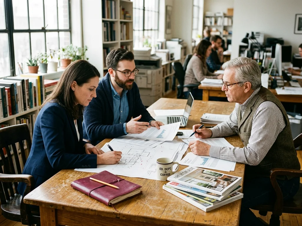 Trois rédacteurs analysent des plans immobiliers autour d'une table pour préparer un article spécialisé.