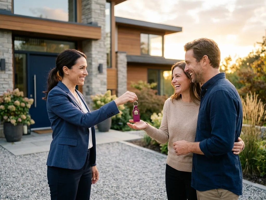 Agent immobilier remettant les clés aux nouveaux propriétaires pour un achat immobilier serein et réfléchi.